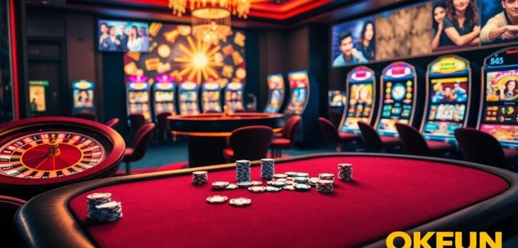 A lively scene at Nhà Cái OKFUN, featuring a poker table with colorful chips and players enjoying online gaming.