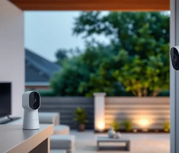 Cámaras Ezviz exhibidas en un sistema de seguridad para el hogar moderno, con instalaciones interiores y exteriores.