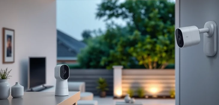 Cámaras Ezviz exhibidas en un sistema de seguridad para el hogar moderno, con instalaciones interiores y exteriores.