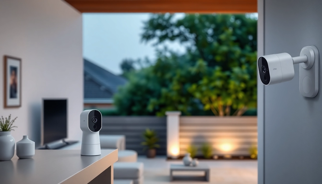 Cámaras Ezviz exhibidas en un sistema de seguridad para el hogar moderno, con instalaciones interiores y exteriores.