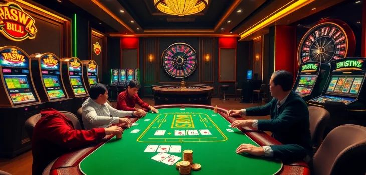 Experience thrilling gameplay at 99win casino with poker chips and vibrant slot machines in a luxurious setting.