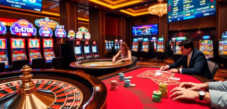 Players engaging at Hi88's vibrant casino tables with roulette and slots.