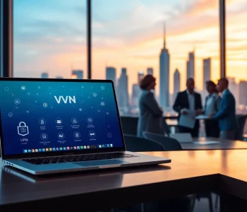 在现代工作空间的笔记本电脑上显示的快连 VPN 界面，象征安全且快速的互联网接入。