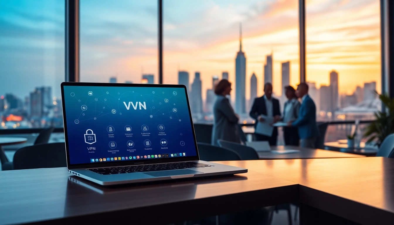 在现代工作空间的笔记本电脑上显示的快连 VPN 界面，象征安全且快速的互联网接入。