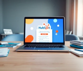 Designing a hubspot marketing email on a sleek laptop in a professional setting.