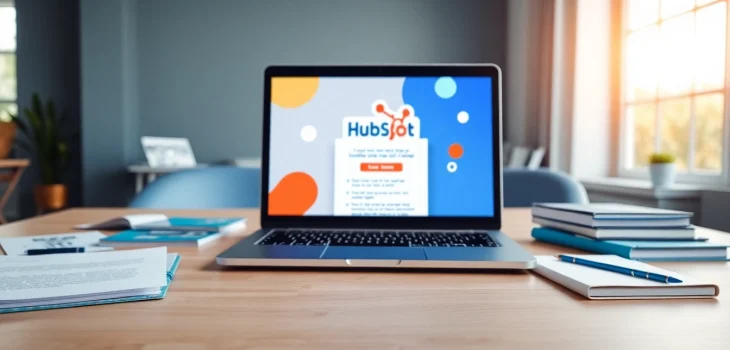 Designing a hubspot marketing email on a sleek laptop in a professional setting.
