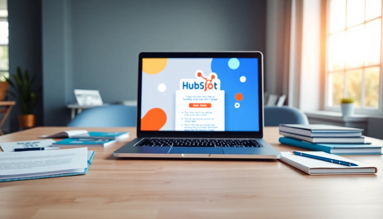 Designing a hubspot marketing email on a sleek laptop in a professional setting.