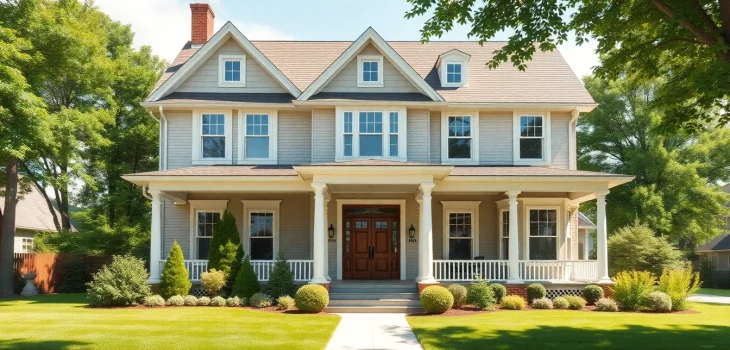 Visual representation of a stunning Winchester Foursquare Revival home surrounded by greenery.