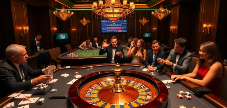 Engaging gamblers at a luxurious casino table featuring sbobet link alternatif options for betting.