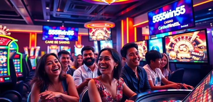 Excited players enjoying online casino games, showcasing 555win555 in a modern digital atmosphere.