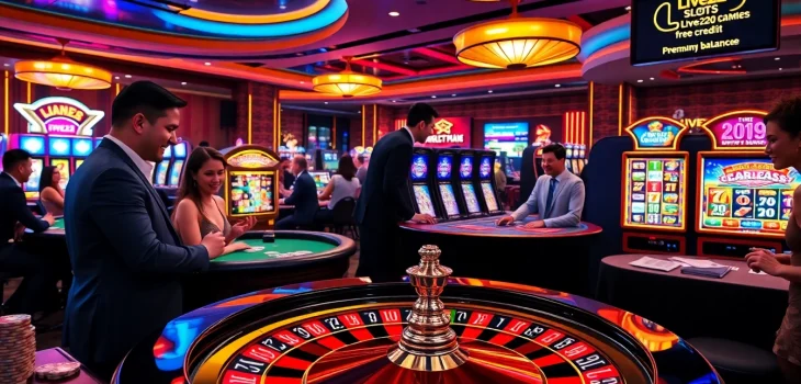 Engaging gameplay with free credit live22 at a lively casino featuring players, slots, and roulette.