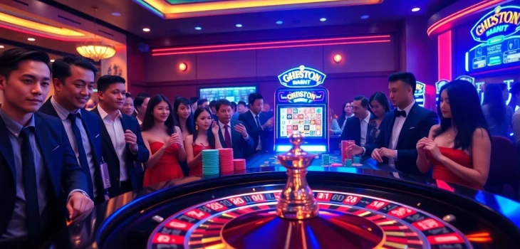 Cà khịa tv showcases vibrant casino excitement with roulette and slot machines in a lively atmosphere.