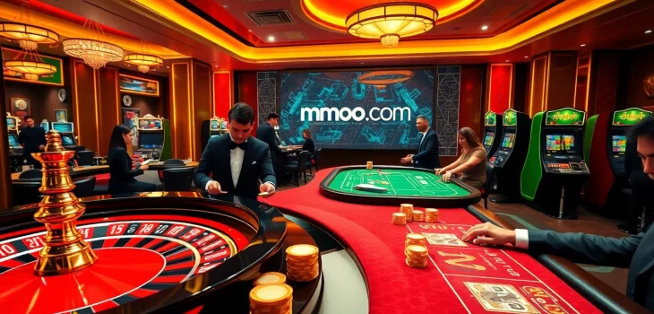 Engaging poker players at tables with mmoo.com logo in a luxurious casino setting.