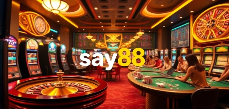 SAY88 casino table showcasing exciting gaming action, including chips, cards and roulette.