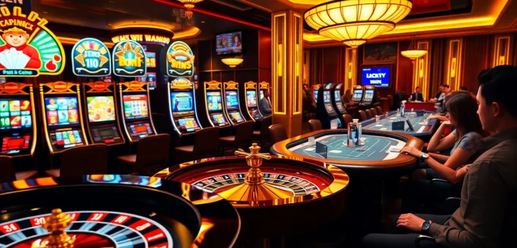 Luckywin online gambling scene with vibrant slot machines and roulette wheel.