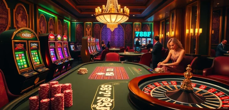 Experience the thrill of gaming at 789f with vibrant poker tables and slot machines.