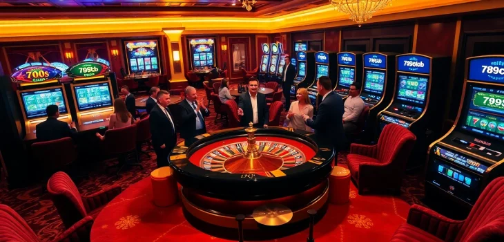 Exciting casino scene showcasing 789club with roulette, poker chips, and slot machines.