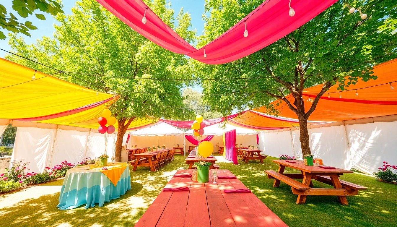 Set up for Outdoor Party Rentals showcasing vibrant tents, decorations, and festive atmosphere.