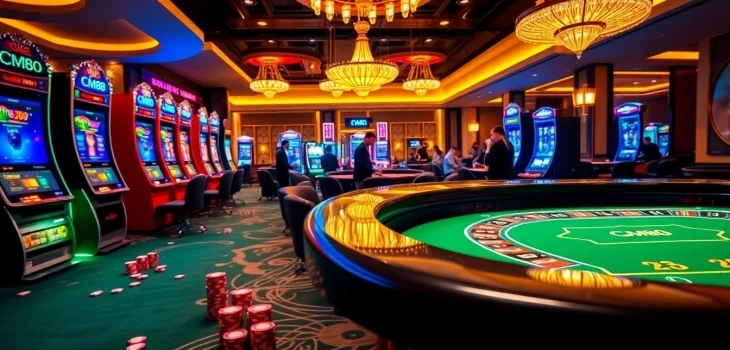 Experience the excitement of gambling at CM88 with vibrant casino tables and slot machines.