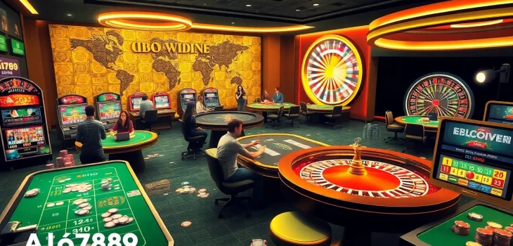 Alo789 đá gà vibrant online gambling scene with players at digital tables and exciting slot machines.