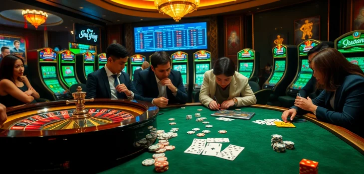 Experience thrilling bets in a dynamic Keo nha cai casino environment with roulette and poker cards.