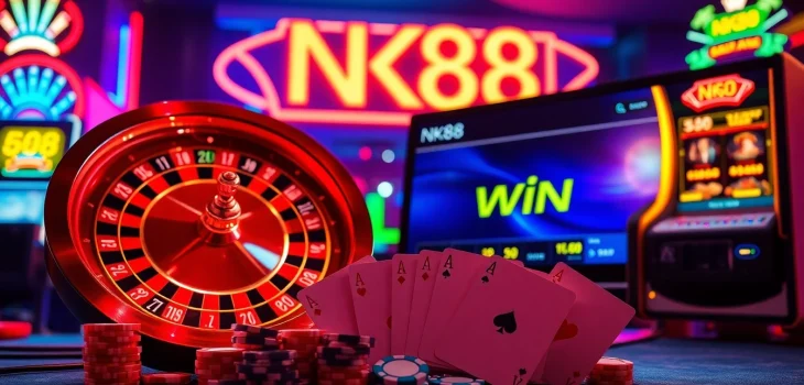 Experience the thrill of winning at NK88 with luxurious casino gaming elements and vibrant visuals.