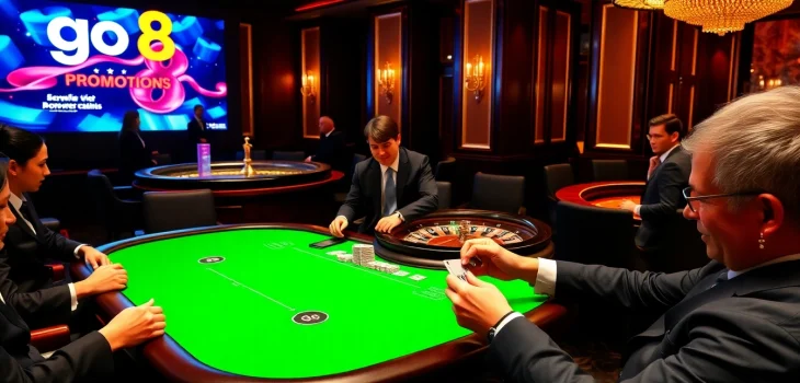 Players engaging at a casino table, showcasing the excitement of go8 betting, with cards and chips in action.