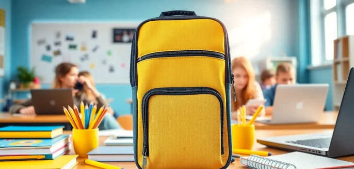 Praktische Handytasche Klassenzimmer mit mehreren Fächern und robustem Design in einer lebhaften Klassenzimmer-Umgebung.