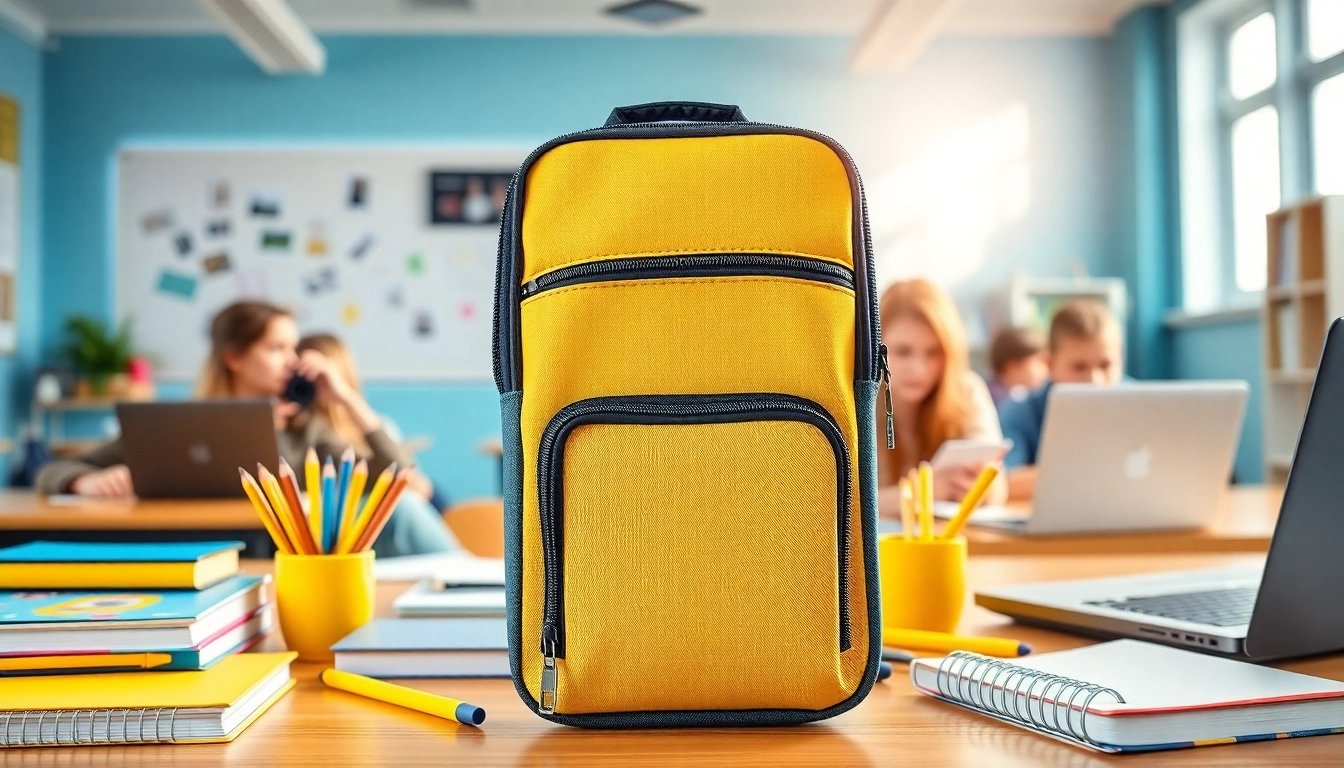 Praktische Handytasche Klassenzimmer mit mehreren Fächern und robustem Design in einer lebhaften Klassenzimmer-Umgebung.