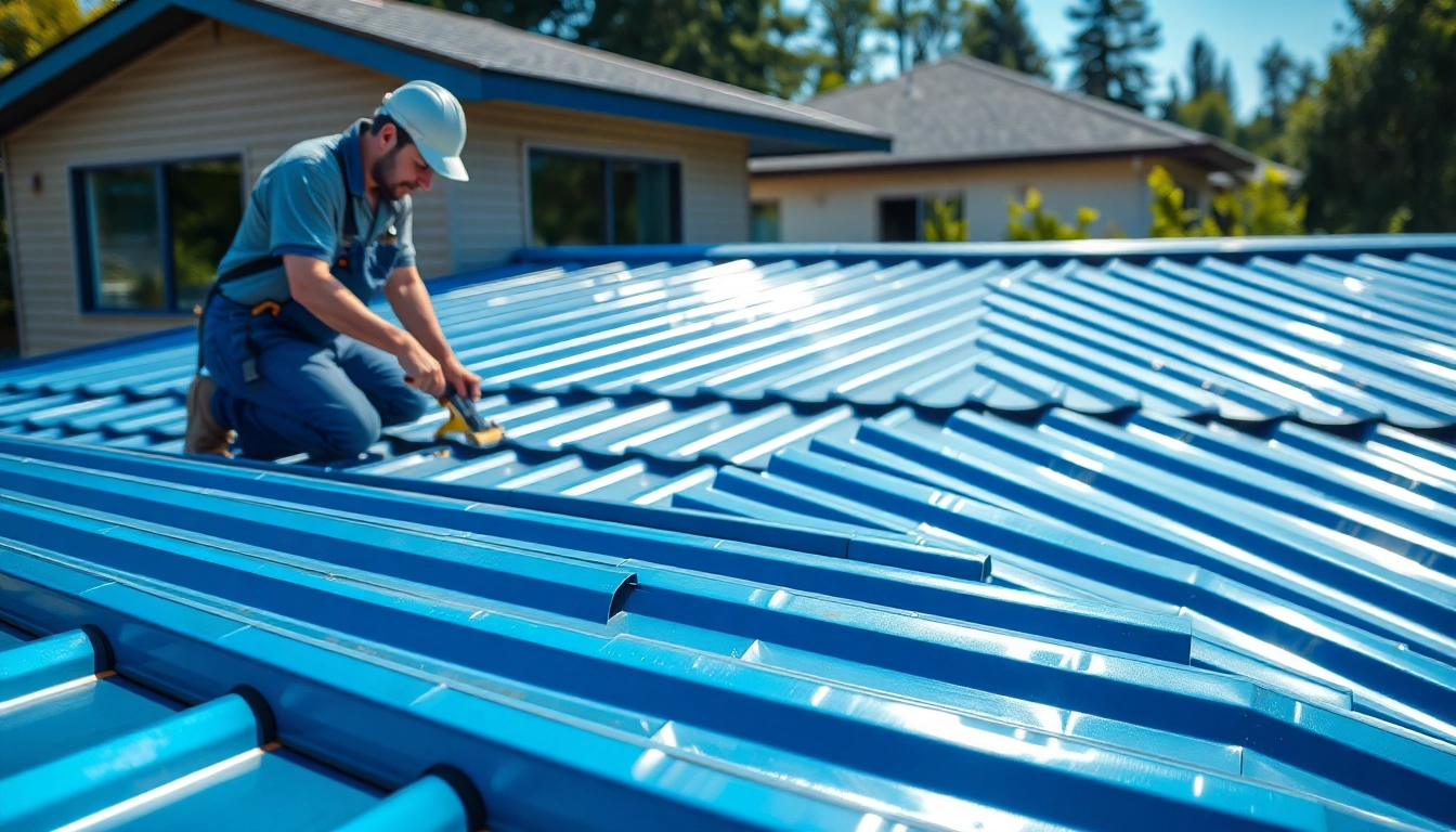 Contractor installing metal roofing on a modern home under bright sunlight.