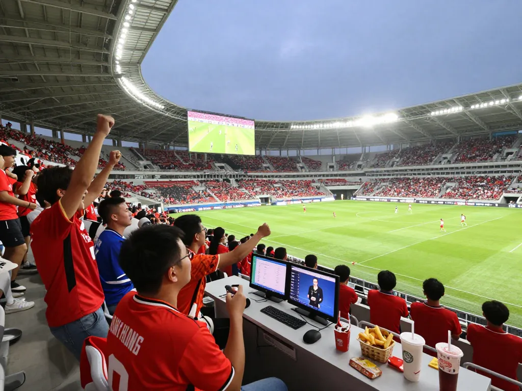 Live football match atmosphere on LuongSonTV with cheering fans and vibrant stadium lights.
