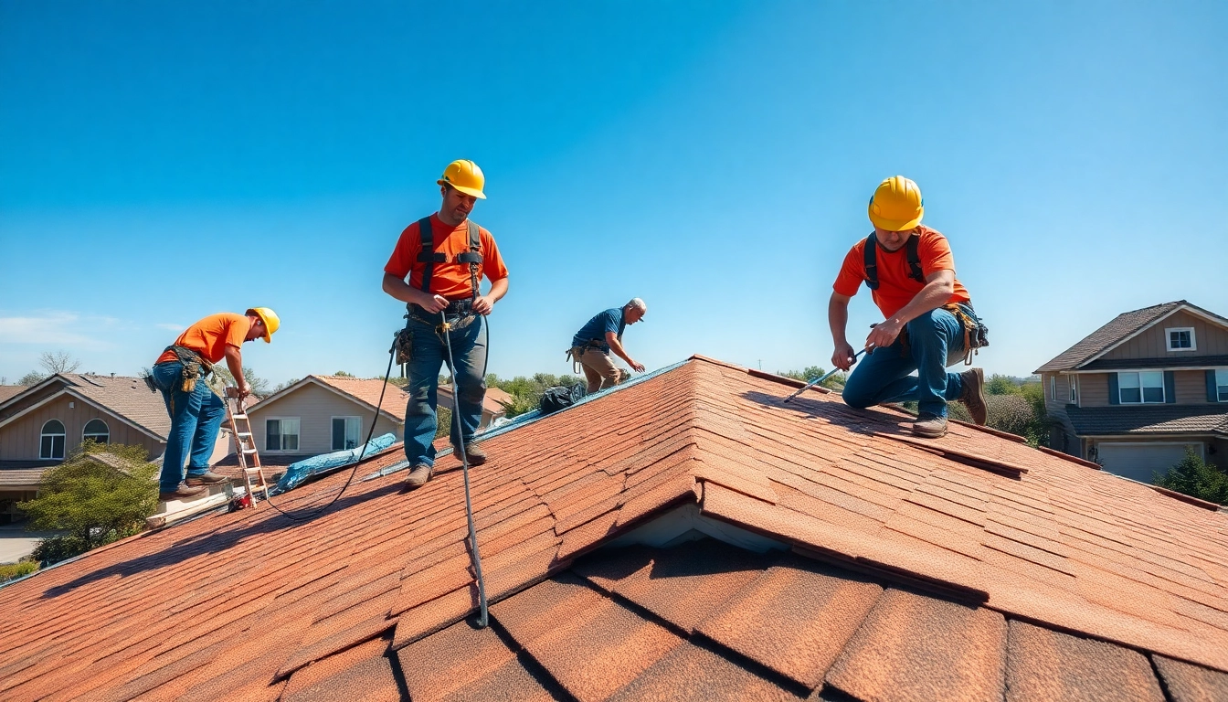 Roofing company team installing shingles on a residential roof under a clear blue sky.