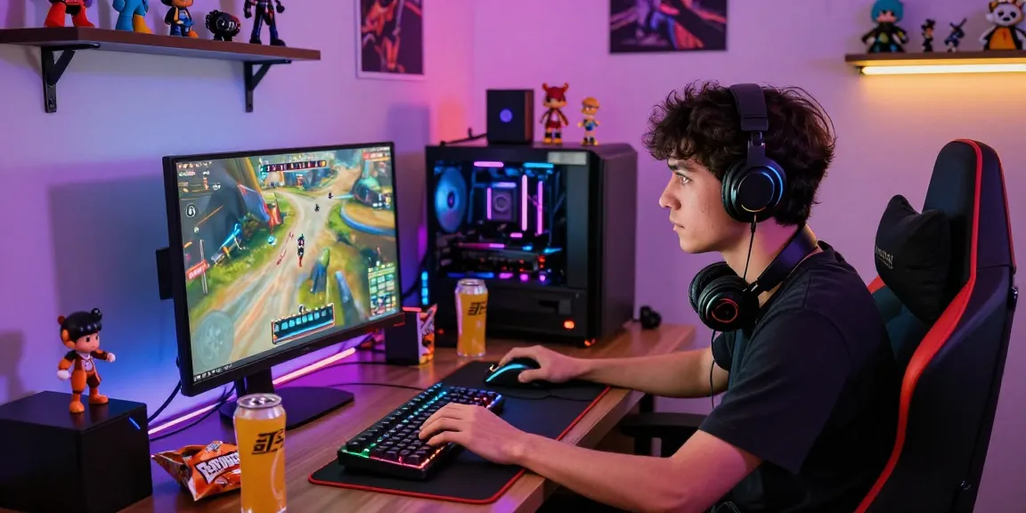 Gamer immersed in online gameplay at home, featuring rokok88 theme with dynamic graphics and vibrant setup.
